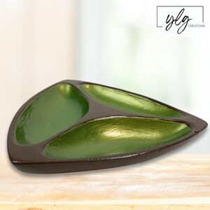 Trinket Dish Metallic Green Brown Painted Wood Divided Home Decor Mid Century